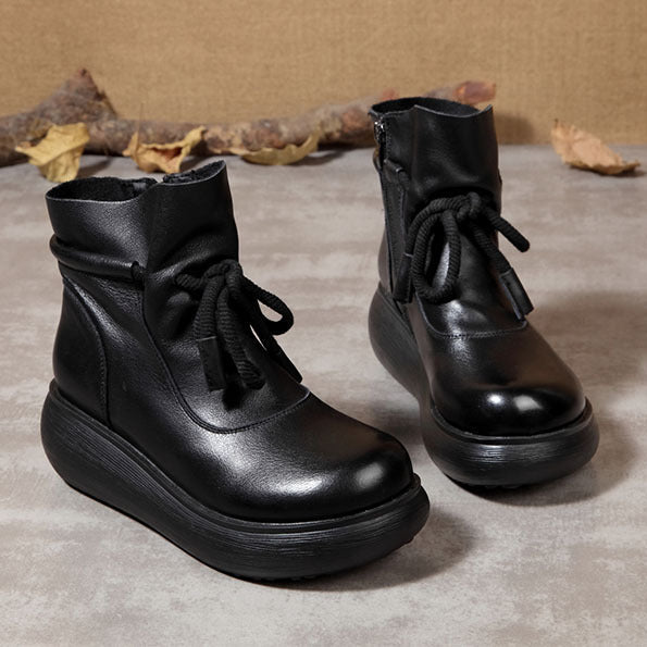Women's Leather Ankle Boots - Platform Chunky Heel  Booties, Zipper Lace-up Fall Winter Shoes