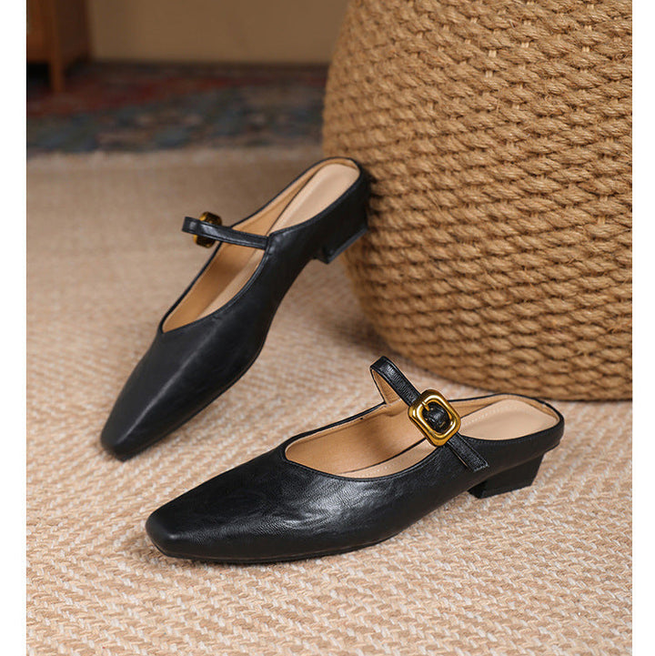 Women's Mary Jane Mules - Square Toe Gold Buckle Low Kitten Heel Slides