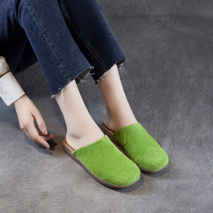 Women's Minimalist Nubuck Mules - Round-Toe Flat with Slip-On Ease