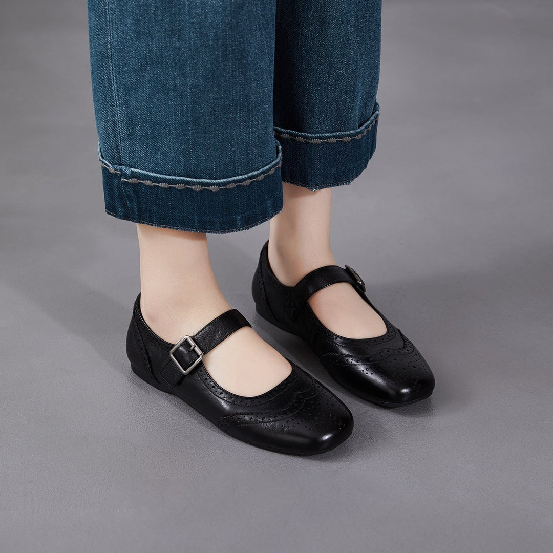 Women's Vintage British Style Leather Mary Janes - Hand-Punched Brogue Details - Soft Walking Shoes