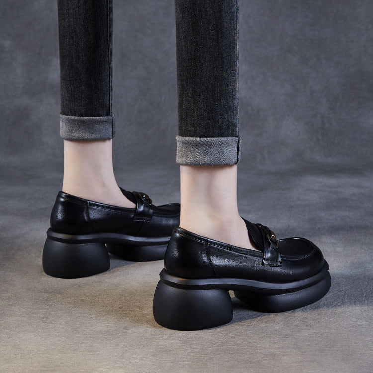 Women’s Leather Platform Block Heel Loafers – British Vintage Chain Detail