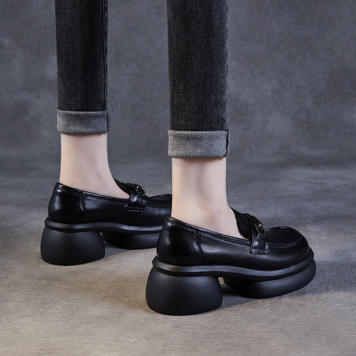 Women’s Leather Platform Block Heel Loafers – British Vintage Chain Detail