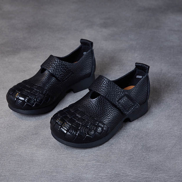 Women's Woven Leather Wide Toe Low Heel Velcro Casual Shoes