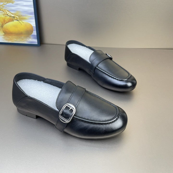 Women's Leather Casual Loafers - Soft Step-Down Back Flat Moccasins with Metal Buckle