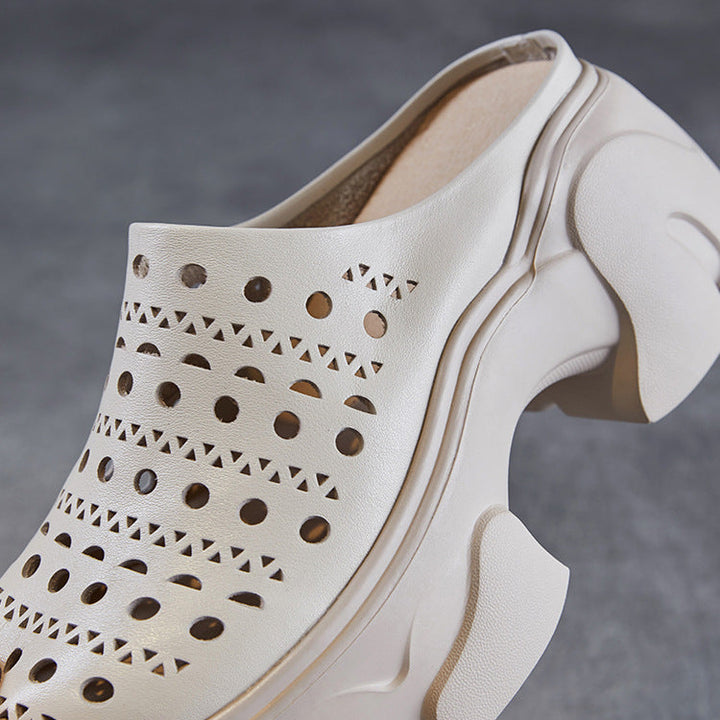 Women's Leather Platform Mules - Hollow Out Perforated Closed Round Toe Chunky Sandals Summer Slides
