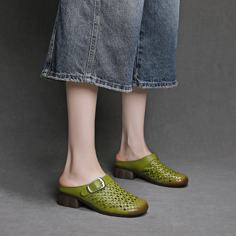 Women's Leather Woven Mules - Hollow Out Perforated Closed Toe Sandals Low Block Chunky Heel Slides with Buckle