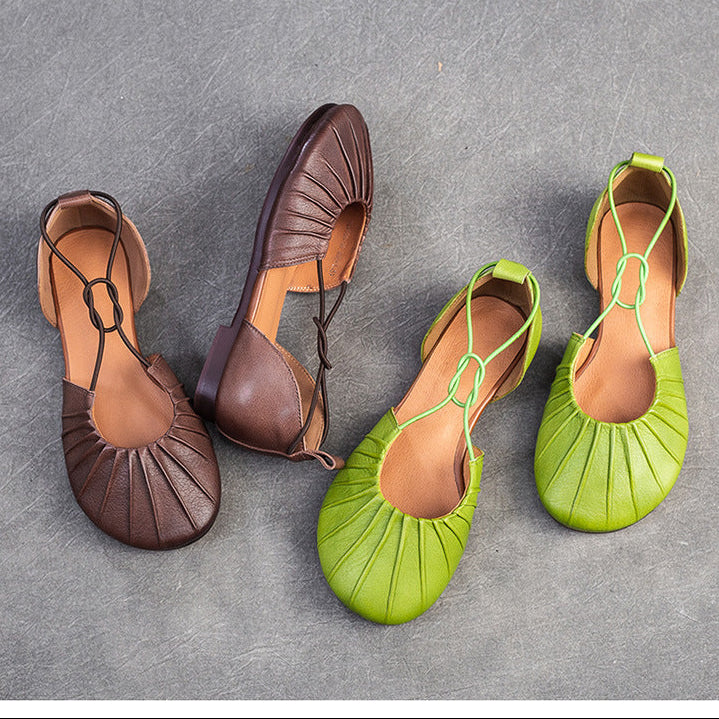 Women's Pleated Cowhide Flats - Summer Breathable Mary Janes - Elastic Cross-Strap