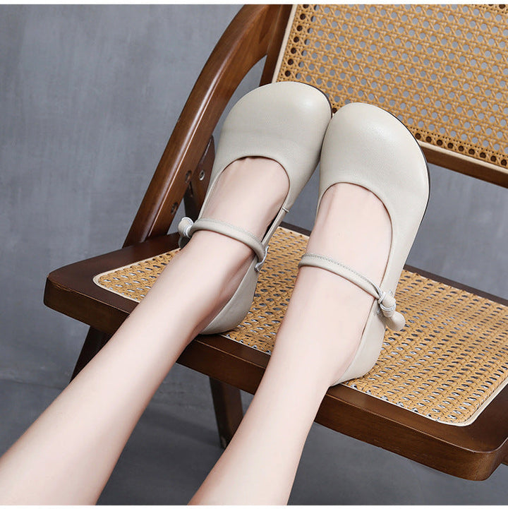 Women's Leather Mary Jane Flats - Vintage Round Toe Slip-On Ballet Flats with Bow Knot Strap Comfort Walking Shoes