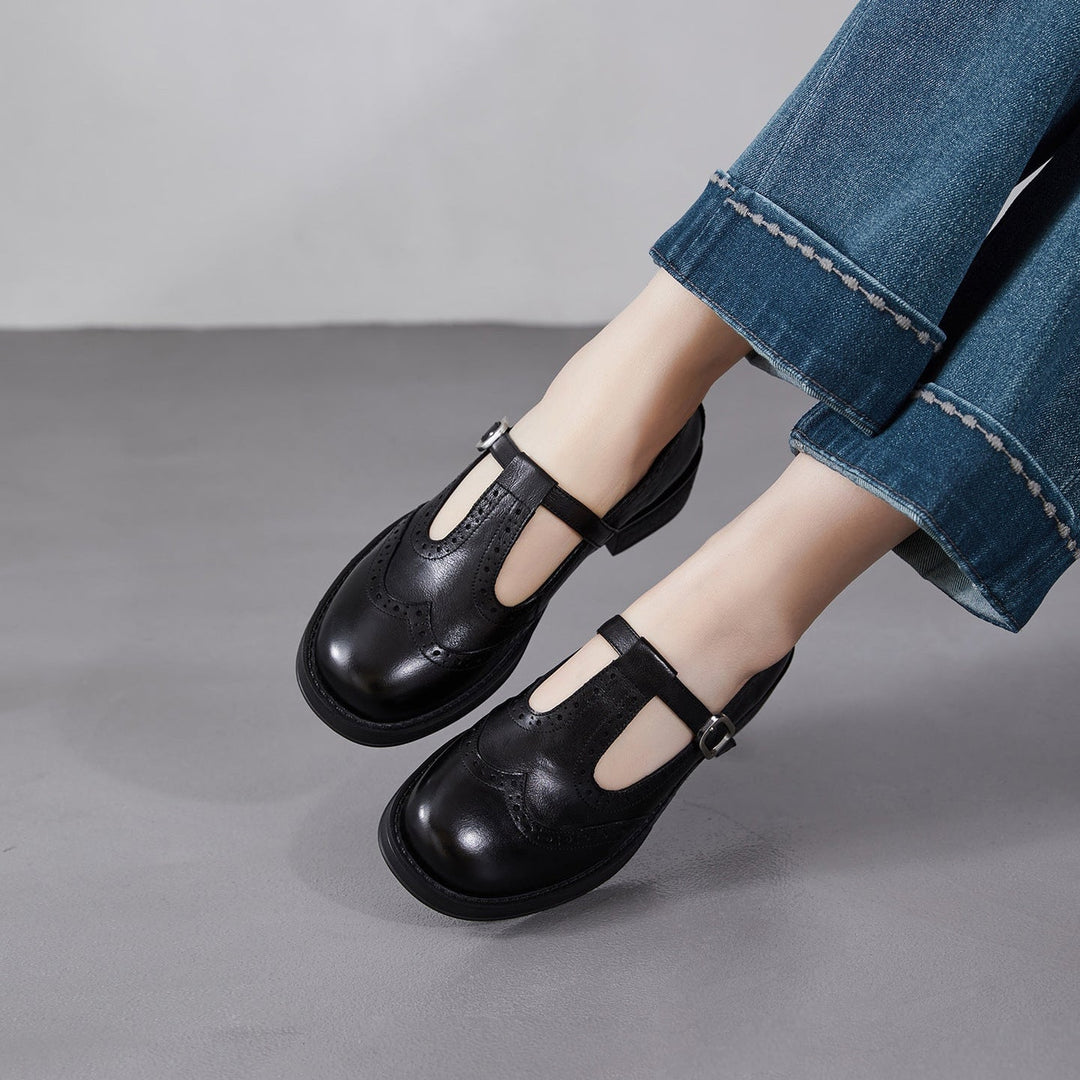 Women's Brogue T-Strap Mary Janes - Unlined Cowhide Leather - Block Heel
