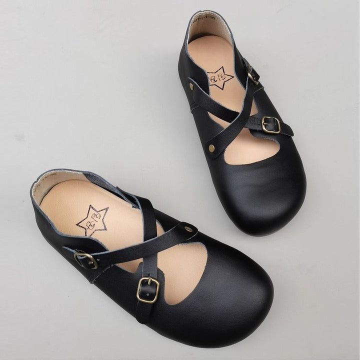 Women's Vintage Handmade Leather Shoes – Cross Strap, Buckle & Soft Sole