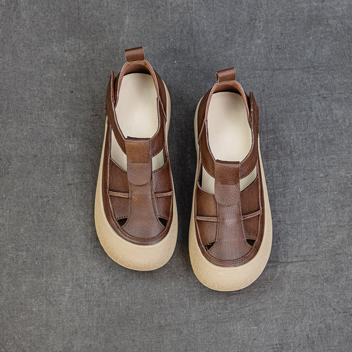 Womens Retro Woven Leather Fisherman Sandals Velcro Closed Toe Platform Walking Shoes