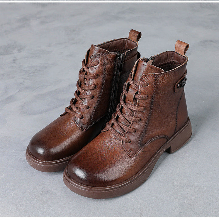 Women’s British Style Leather Lace-Up Ankle Boots – Retro Block Heel Boots