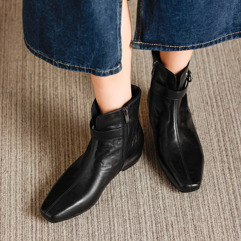 Women's Soft Sheepskin Ankle Boots Side Zipper Square Toe Low Heel Booties