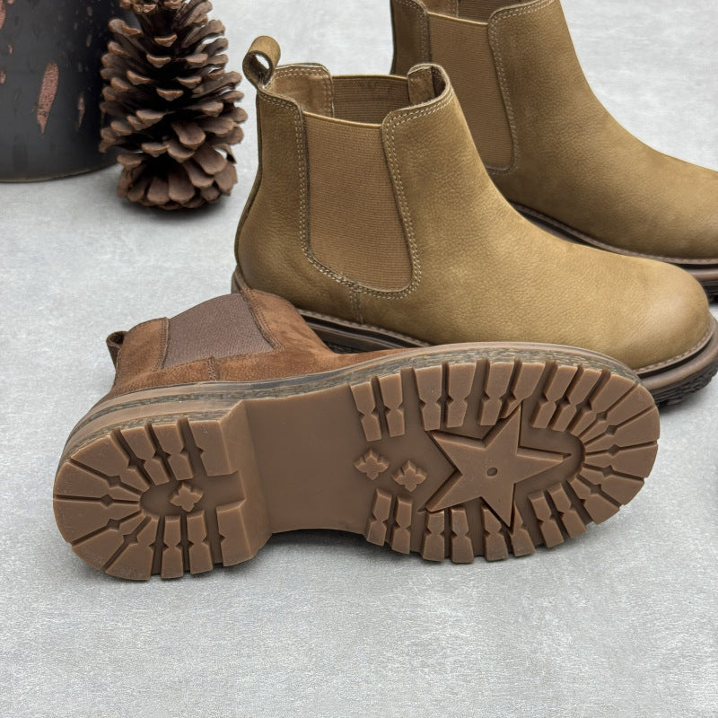 Women's Top-Grain Leather Chelsea Ankle Boots Slip On Low Platform Heel Booties