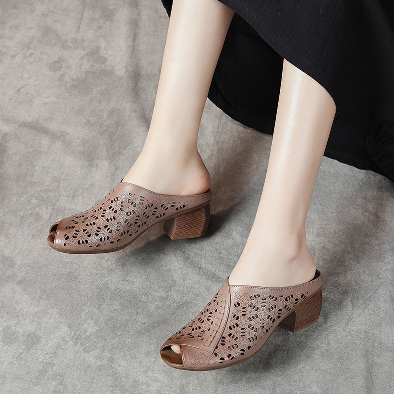 Women's Leather Mules - Hollow Out Floral Perforated Open Peep Toe Sandals Mid Block Chunky Heel Slides