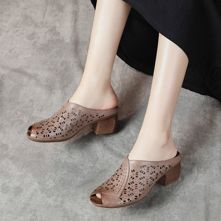 Women's Leather Mules - Hollow Out Floral Perforated Open Peep Toe Sandals Mid Block Chunky Heel Slides