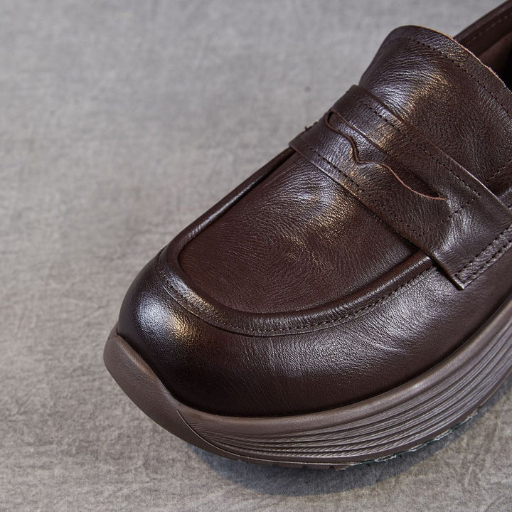 Women’s Leather Slip-On Loafers – Vintage Low Wedge Comfort Shoes