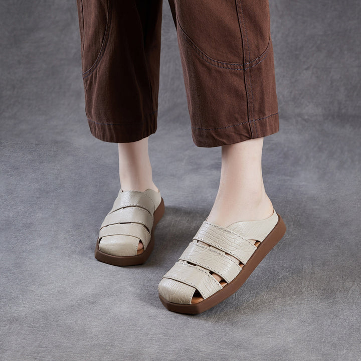 Women's Leather Mules - Multi-Strap Woven Closed Flat Sandals Casual Summer Slip-On Slides