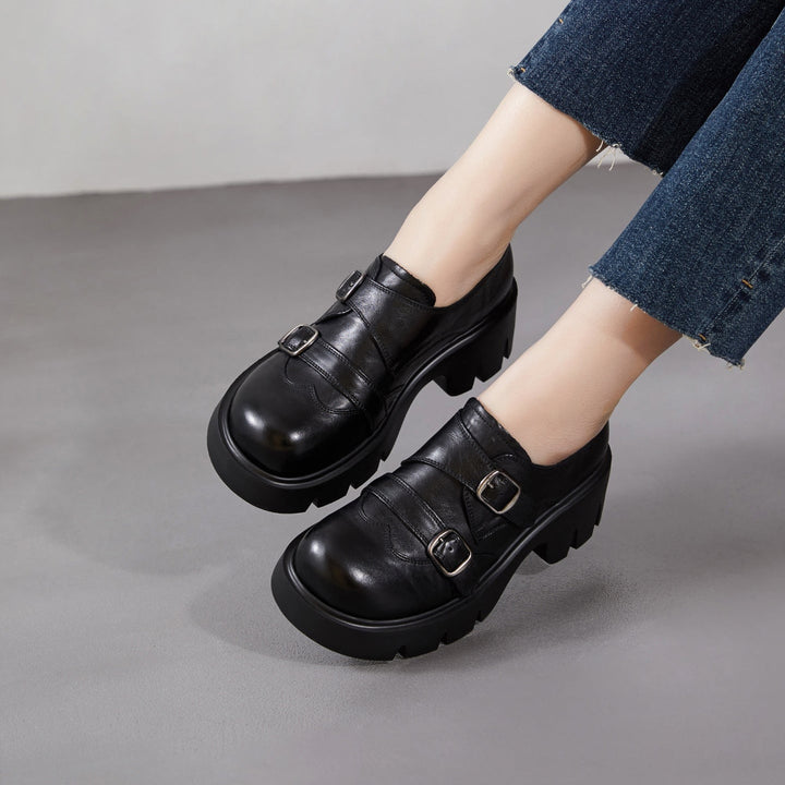 Women’s Retro Round Toe Derby Shoes – British Style Platform Loafers with Buckle