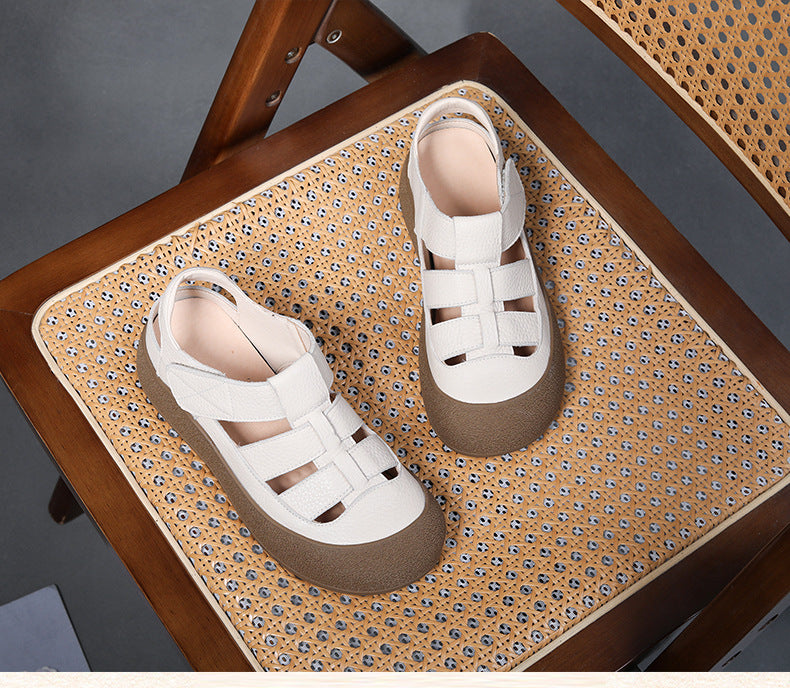 Women's Leather Sporty Fisherman Sandals - Closed Round Toe Casual Summer Walking Shoes with Velcro