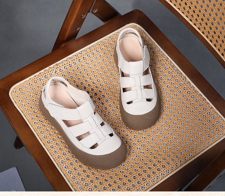 Women's Leather Sporty Fisherman Sandals - Closed Round Toe Casual Summer Walking Shoes with Velcro