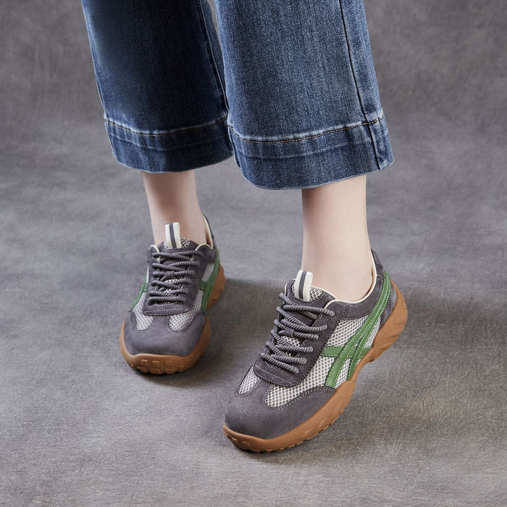 Womens Retro Mesh Running Sneakers Vintage Leather Lace-up Chunky Trainers