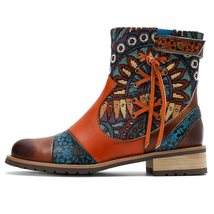 Women's Printed Leather Jacquard Ankle Boots Zipper Non-slip Low Boots
