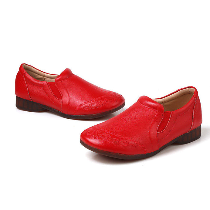Women's Cowhide Vintage Embroidered Flat Loafers Slip On Walking Shoes