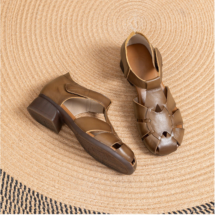 Women's Leather Fisherman Sandals - Closed Toe 3.5cm Mid Block Heel Shoes with Velcro