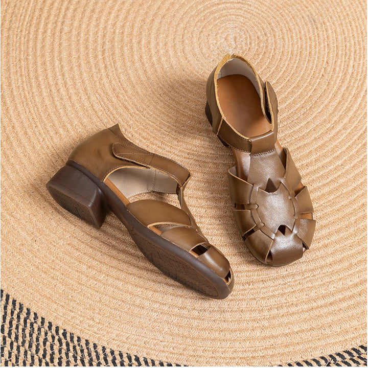 Women's Leather Fisherman Sandals - Closed Toe 3.5cm Mid Block Heel Shoes with Velcro