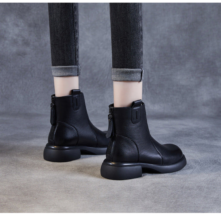 Women's Low Heel Casual Genuine Leather Boots with Back Zipper