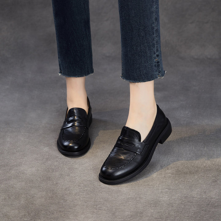 Women's Genuine Leather Penny Loafers Vintage Slip-on Round Toe Low Heel Shoes