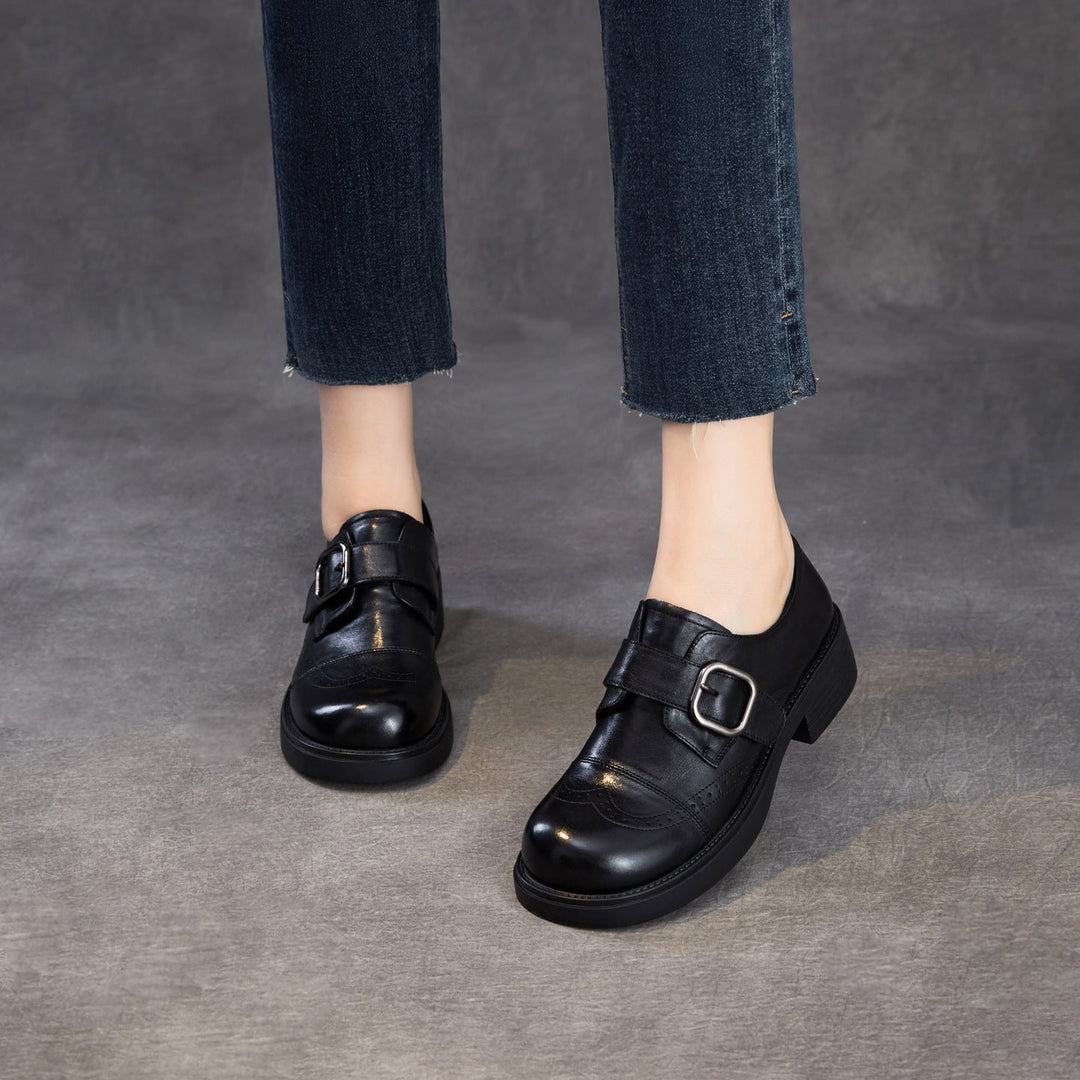 Women's Genuine Leather Chunky Platform Monk Strap Loafers Vintage Brogue Slip-on Shoes