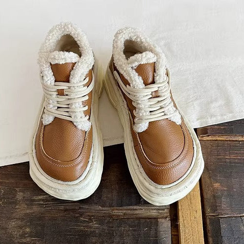 Women's Winter Chunky Leather Lace-Up Shoes – Fleece-Lined & Ugly-Cute Design