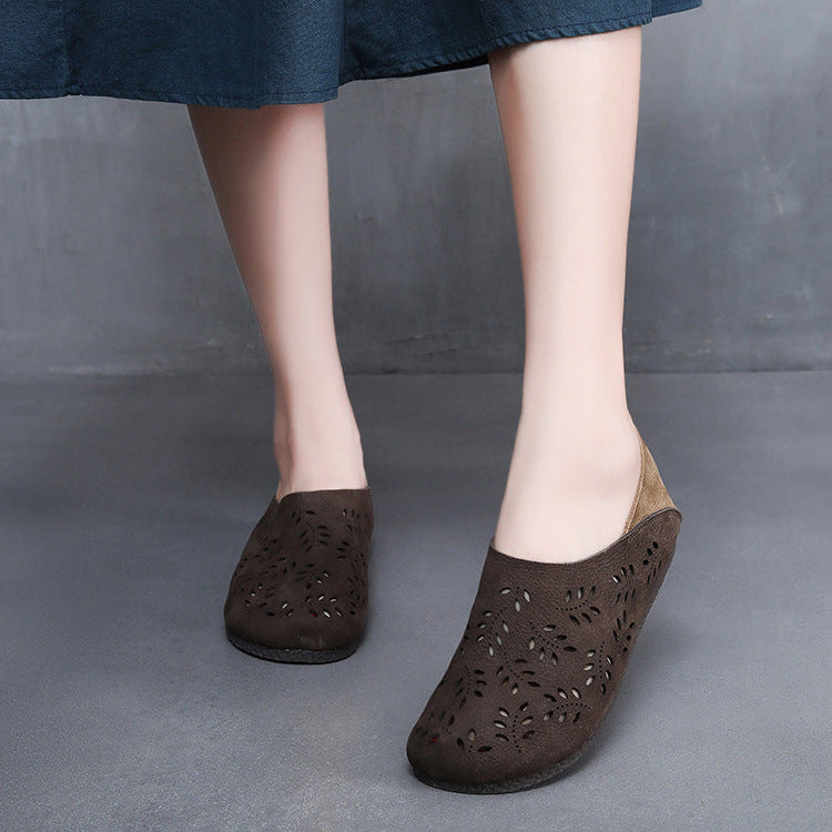 Women's Leather Loafers - Cut-Out Leaf Perforated Flat Sandals Casual Slip-On Summer Shoes