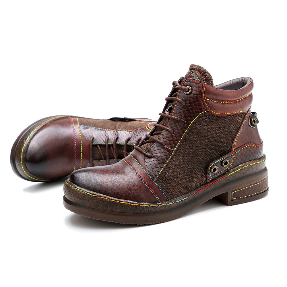 Women's Leather Ankle Boots - Contrast Stitching Flat Lace-up Zipper Boots