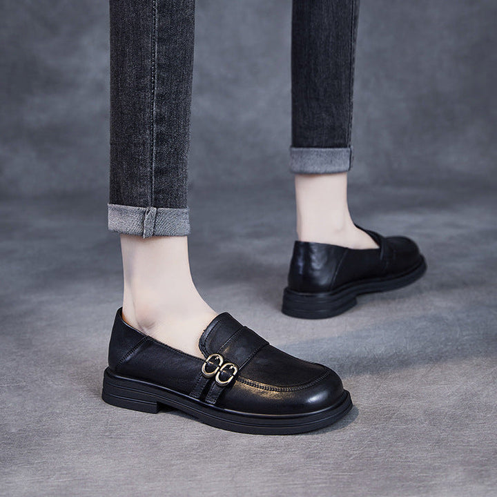 Women’s Leather Slip-On Loafers – Vintage British Low Heel