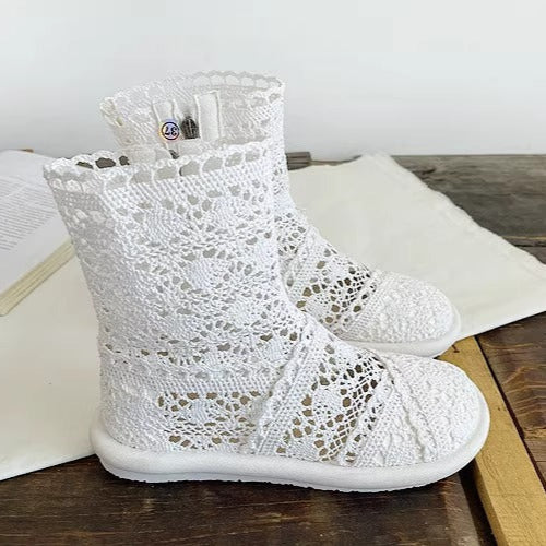 Women's Summer Literary Style Lace Side Zipper Wide Toe Box Short Boots