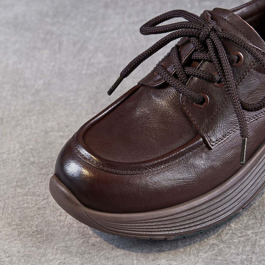 Women’s Leather Lace-Up Platform Wedge Shoes – Retro Non-Slip Casual Style