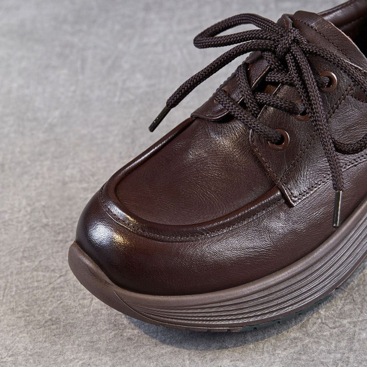 Women’s Leather Lace-Up Platform Wedge Shoes – Retro Non-Slip Casual Style