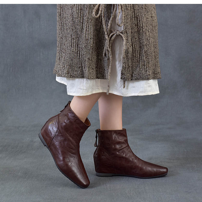 Women's Pointed Toe Top-Grain Leather Wedge Ankle Boots Mid Heel Back Zipper Booties