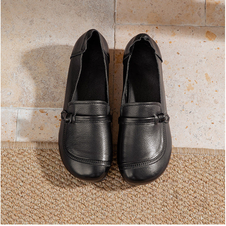 Women's Soft Leather Flats - Vintage Square Toe Drawstring Comfort Walking Shoes