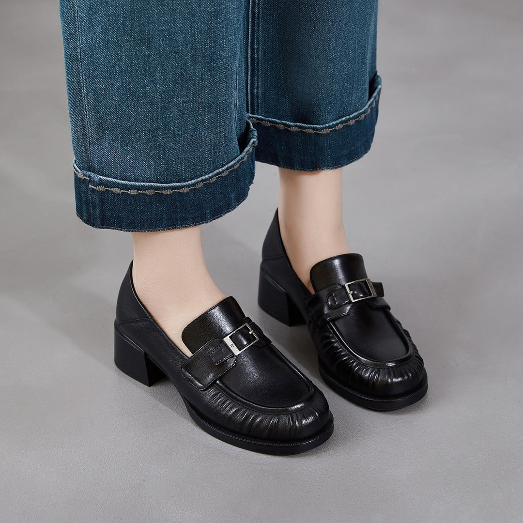 Women's Sheepskin Loafers - Ruched Leather Buckle Block Heel