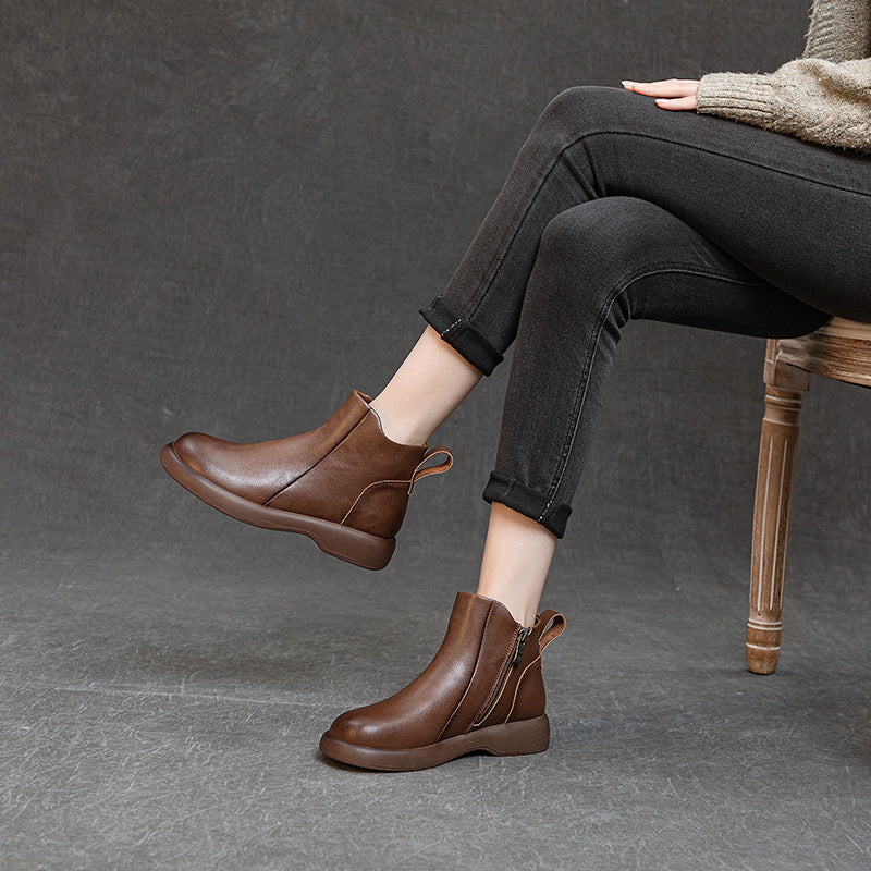 Women's Comfortable Leather Ankle Boots – Low Heel with Side Zipper
