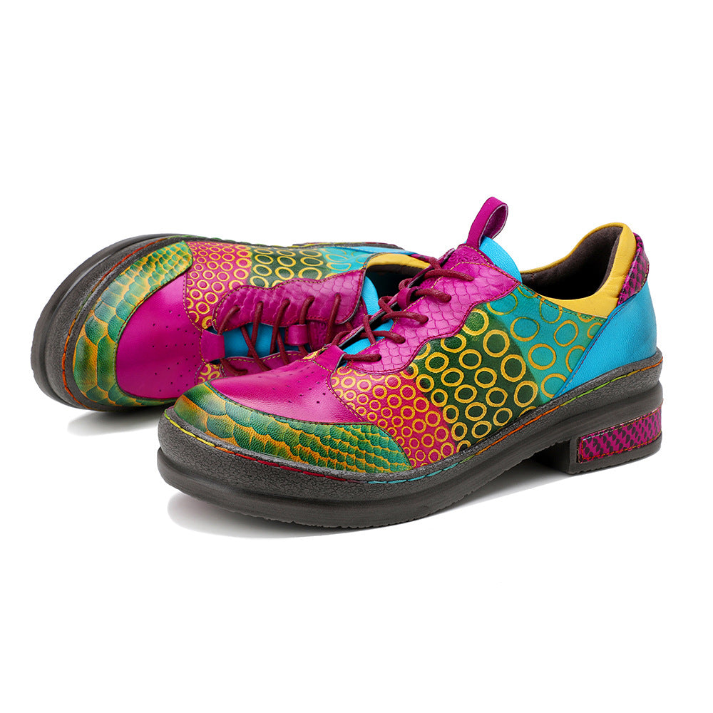 Dopamine Style Vibrant Leather Flats for Women - Artsy Geometric Print Lace-up Casual Shoes