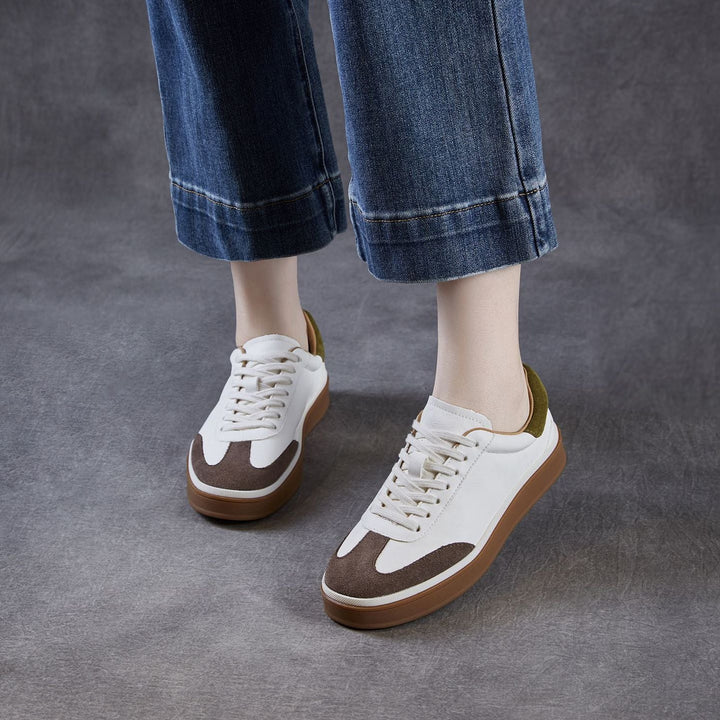 Womens Retro Cowhide Suede Patchwork Sneakers Vintage Round Toe Gum Sole Lace-up Flats