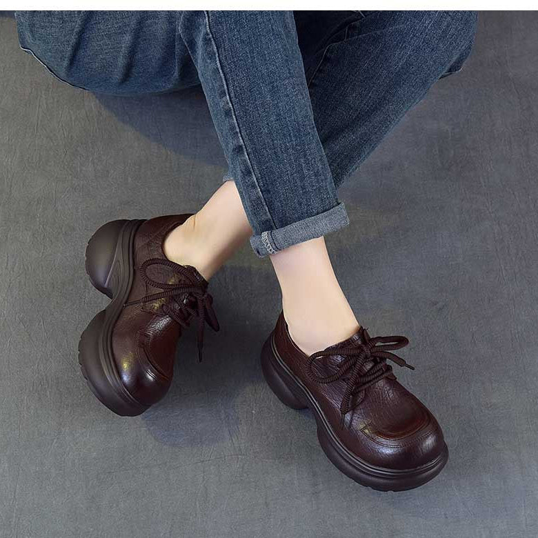 Women's Chunky Platform Oxford Shoes Top-Grain Leather Lace Up Wedge Loafers