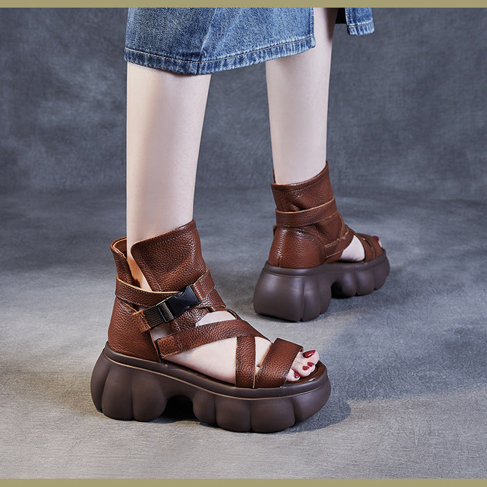Women's Leather Sandals Boot - Platform Chunky High Heel Gladiator Booties, Elastic Strap Open Toe Summer Shoes