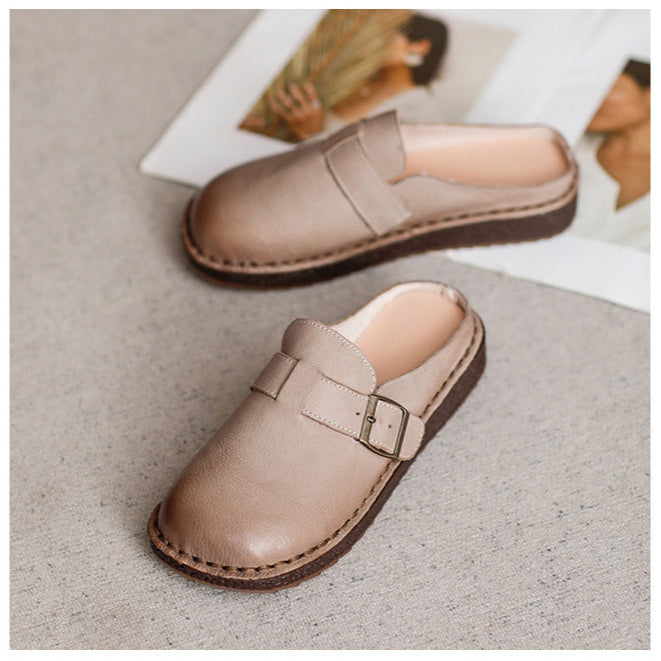 Wide Round Toe Leather Buckle With Decoration Flat Comfort Women's Mule Shoes