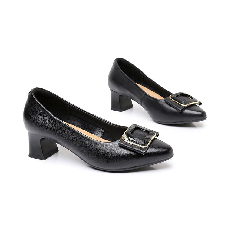 Women's Genuine Leather Pointed Toe Office Pumps Buckle Mid Chunky Heel Slip On Shoes
